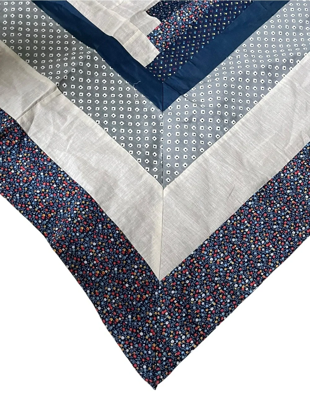 Vintage Quilt Top Geometric Shape 72”x 106” Unfinished Blanket Blue Floral Gray